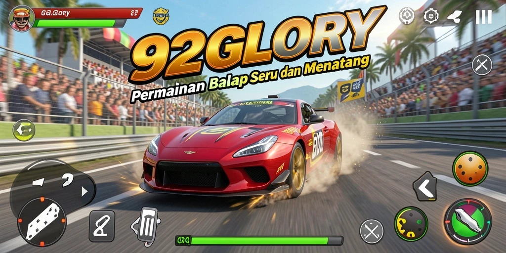 Screenshot gameplay 92GLORY yang menunjukkan aksi balapan mendebarkan.