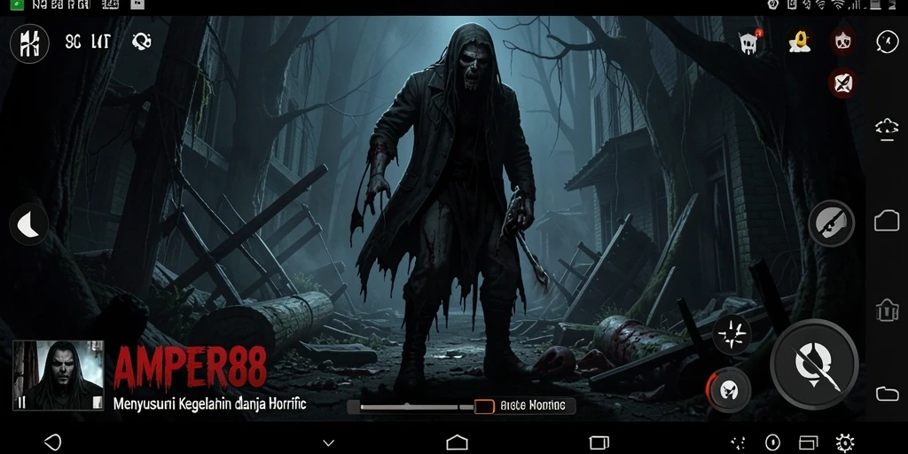Tampilan gameplay menakutkan di AMPER88 dengan atmosfer Horror yang kuat.