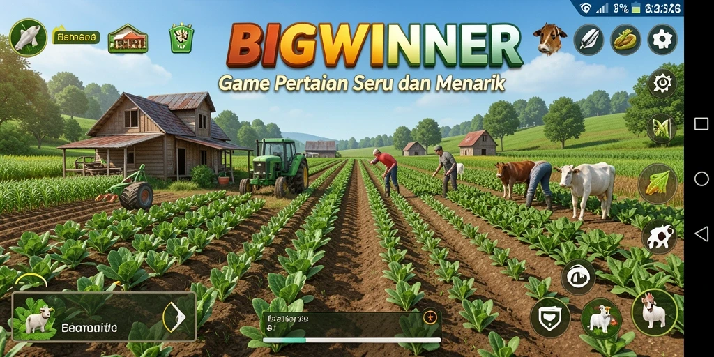 Tampilan gameplay <strong>BIGWINNER</strong> menampilkan ladang yang subur dan hewan yang bahagia.