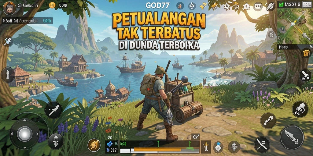 Screenshot gameplay GOD77 menampilkan eksplorasi dunia terbuka yang memukau.