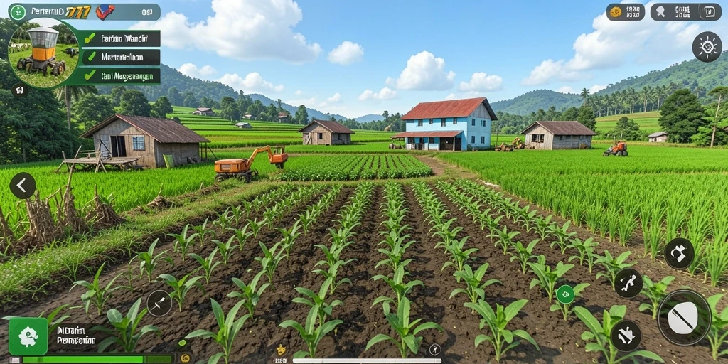 Tampilan gameplay IND777 yang menunjukkan ladang subur dan hewan ternak.