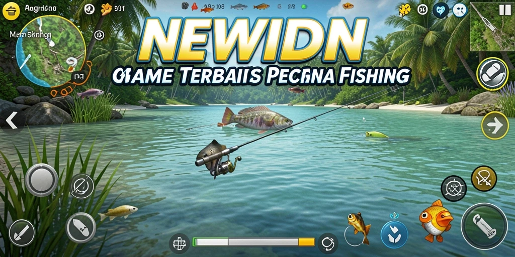 Tampilan gameplay <strong>NEWIDN</strong> yang menakjubkan saat memancing di danau yang indah.