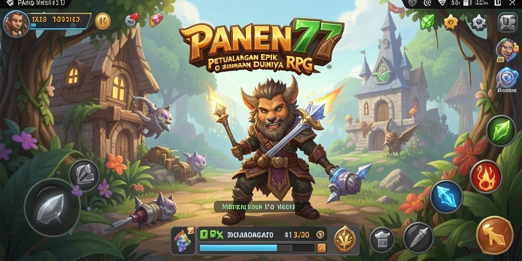 Screenshot gameplay PANEN77 menunjukkan pertempuran epik dan karakter yang beragam.