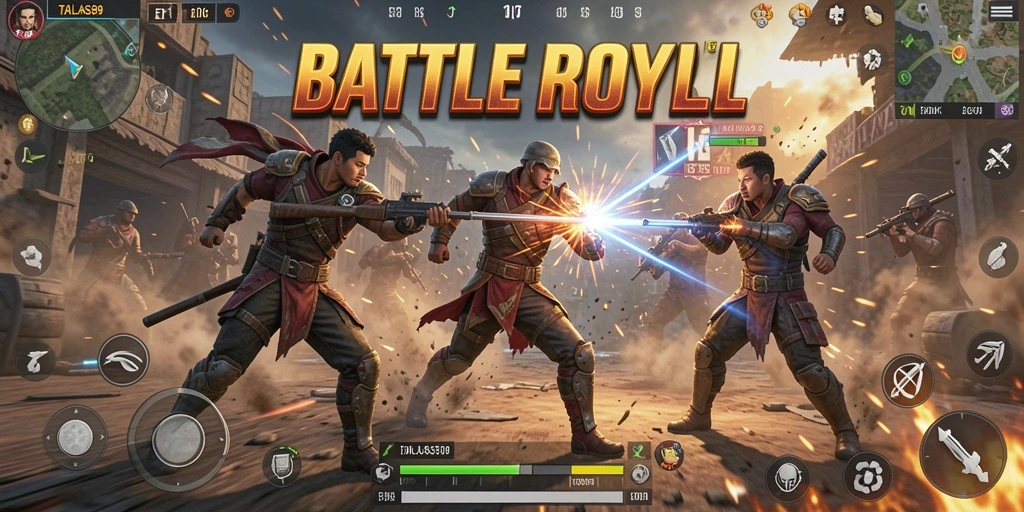 Screenshot utama TALAS89 menampilkan aksi seru dalam pertempuran Battle Royale.